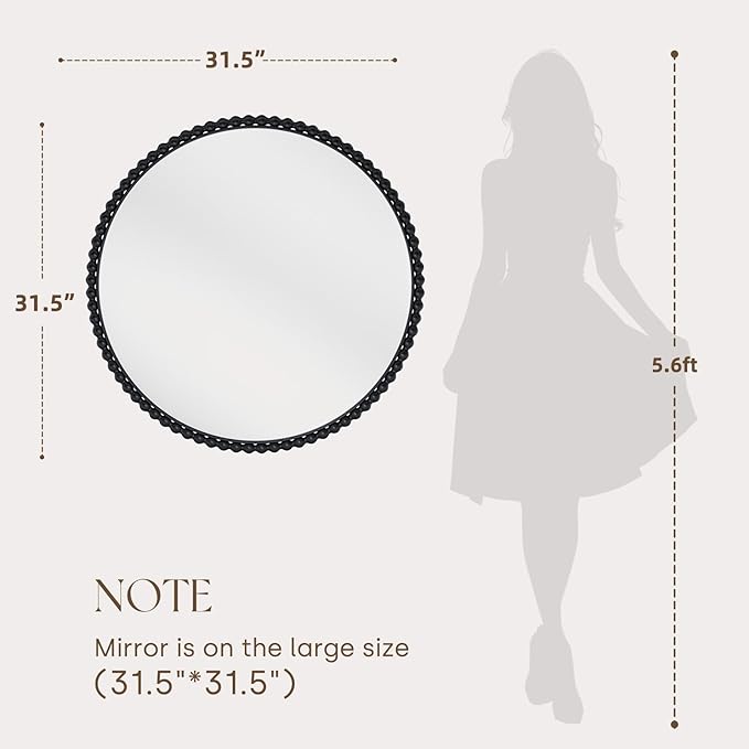 Uniclinens Beaded Round Wall Mirror Large - Vintage Mirror Wall Decor 31.5" with Metal Frame, Ideal for Entryway, Fireplace, Living Room, Hallway, Bathroom, Black