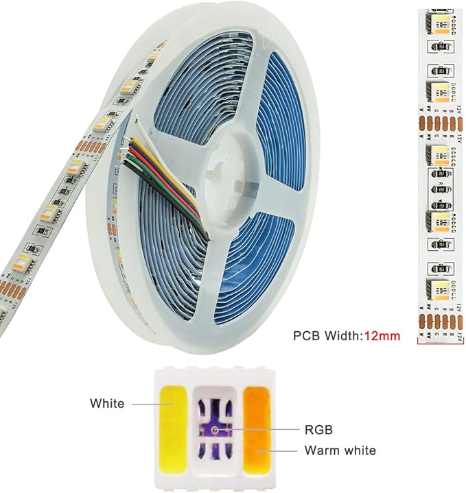 12V 5 in 1 LED Strip Lights RGB + CCT, RGB + White + Warm White (2800K to 6500K) RGBCW 5M Mixed Colour Adjustable Light Strips IP20 300 LEDs for Bedroom, Kitchen, Advertising Decoration