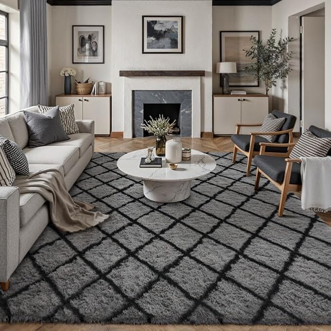 PureCozy 6x9 Checkered Rug for Living Room Grey and White Modern Soft Area Rug Fluffy Non-Slip Carpet for Bedroom Playroom Home Aesthetic Decor