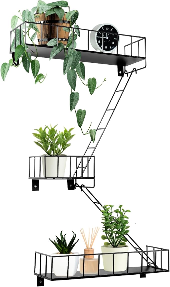 Zonon Fire Escape Wall Shelf Hanging Metal Ladder Shelves Wall Decor Cool Bookshelf Organizer Floating Shelves Action Figure Shelf for Home Bedroom Storage Display(Black,Short 3 Tier)
