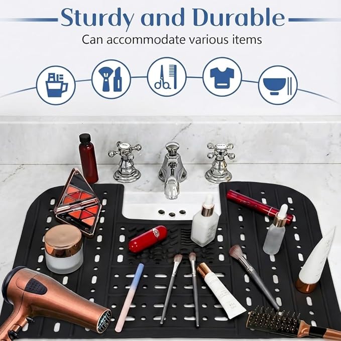 Sink Foldable Cover, Bathroom Sink Top Cover Space Saver, Silicone Makeup Organizer Mat for Over Countertop Bathroom Accessories (Black)