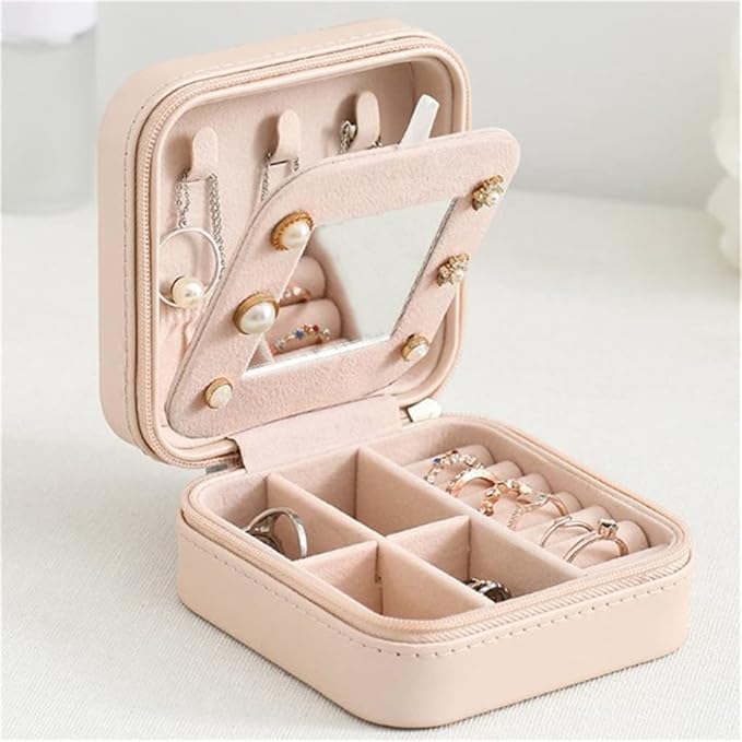 Double-layer Women's Mini stud earrings rings Jewelry Box Useful Makeup Organizer With Zipper Travel Portable Jewelry PU Box