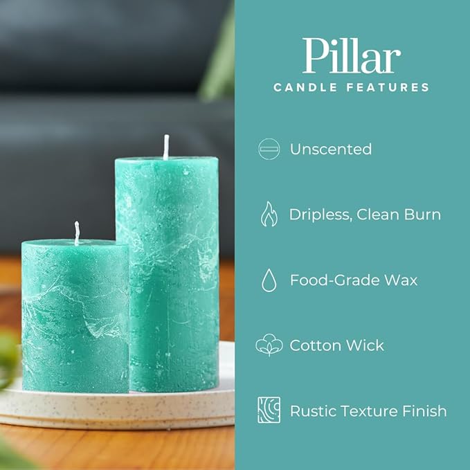 Simply Soson 3x6 inch Turquoise Unscented Pillar Candle, Set of 3 Pillar Candles, Rustic Texture, Dripless Candles, Ideal for Parties, Spa, Dinner, Home Decor, Bathroom
