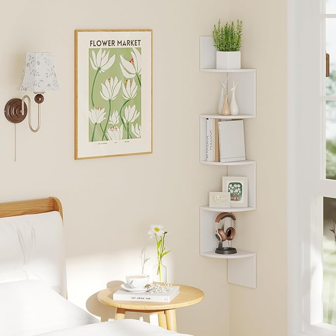 Giantex Corner Shelf Wall Mounted, 5-Tier Floating Corner Bookshelf, Home Storage Organizer, Wooden Display Stand Rack for Wall, Plant Shelf for Living Room, Bedroom, Kitchen (1,White)