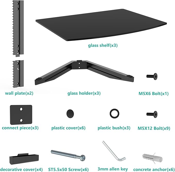 WALI Floating TV Shelf, 3 Tier Glass Projector Shelf for DVD Players, Routers, Game Consoles, Cable Boxes, Living Room Decor Accessories, Wall Mount Shelves Holds Up to 17.6lbs(CS303B), 3-Shelf, Black