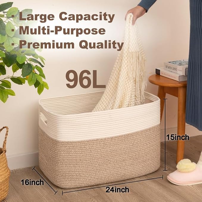 96L XL Large Cotton Rope Basket, Soft Toy Storage Bin for Nursery & Living Room, Decorative Blanket Basket for Bedroom, Baby-Safe Organizer for Pillows &Laundry, 24''×16''×15'', Brown & White