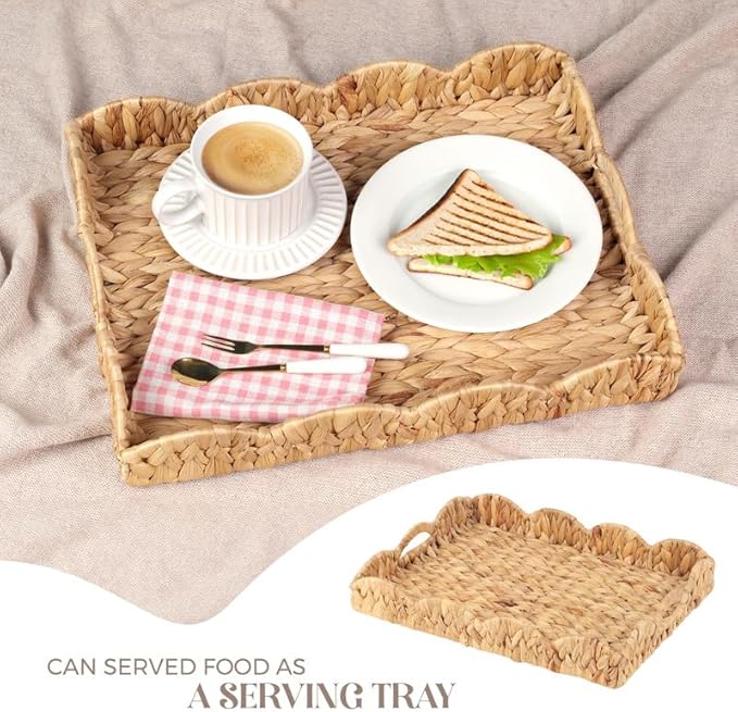 Scalloped Water Hyacinth Tray, Hand-Woven Wicker Storage Baskets with Scalloped Edge and Handles (17x13x3in) Rectangular Handwoven Trays, Water Hyacinth Basket for with Built-in Handles (Light Brown)