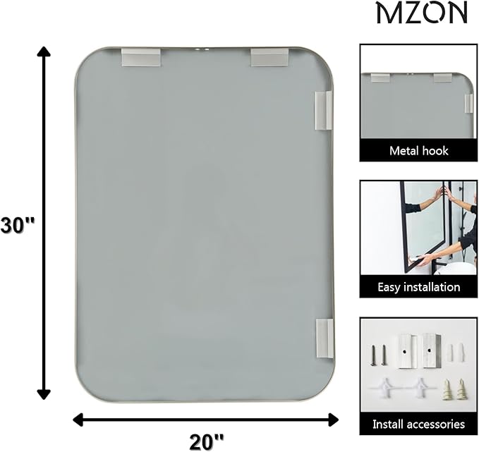 MZON 20x30Inch Brushed Nickel Bathroom Mirror, Rectangle Wall Mounted Mirror for Bathroom or Dresser, Anti-Rust Frame & Tempered Glass, Hangs Horizontally/Vertically - Space-Saving Modern Decor