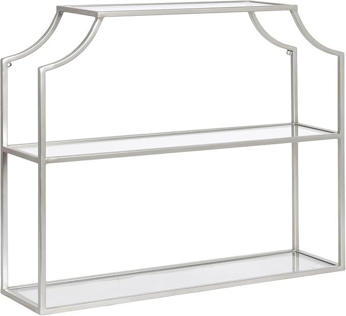 Kate and Laurel Ciel Modern Glam Wide Two-Tier Wall Shelf, 24 x 20, Silver, Tiered Bathroom Shelves for Over the Toilet Storage or Bedroom Makeup Organizer