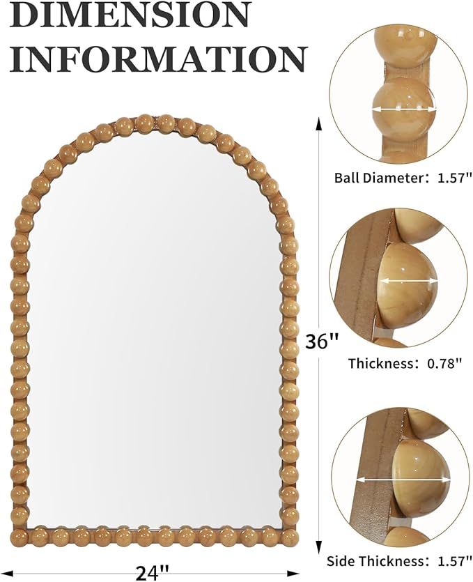 Beaded Arched Wall Mirror 24"x36", Decorative Arch Mirror with Beaded Frame, Vintage Style Accent Mirror for Entryway, Bathroom, Living Room, Bedroom, Fireplace Mantel