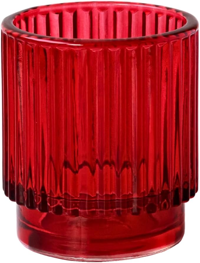 Kate Aspen Vintage Ribbed Red Glass Candle Holders Set of 6 - Votive & Tealight Candle Holder Decor for Holiday Table Decor, Christmas Dining Tablescape, Fall & Boho Home Accents (27206RD)
