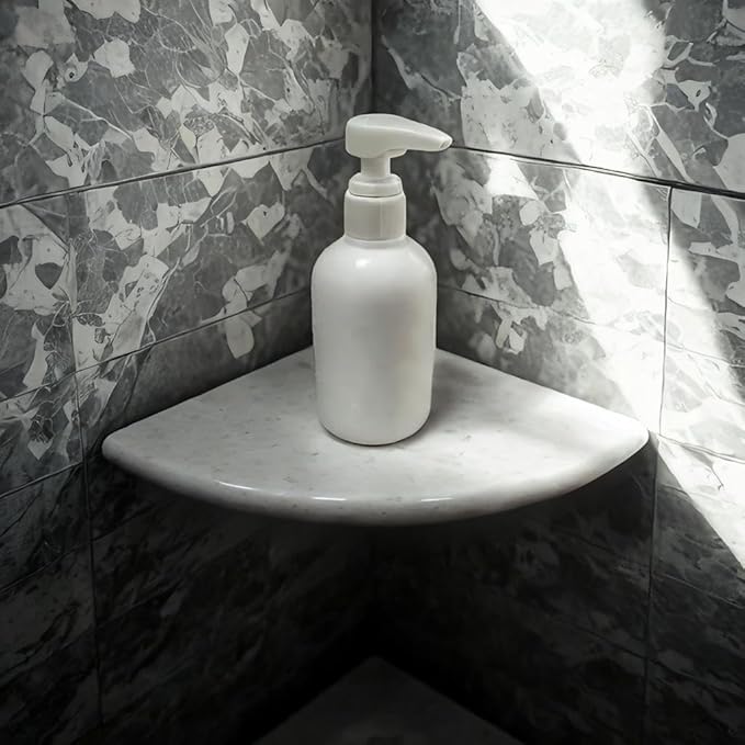White Marble Corner Shower Shelf, 9 Inch Stone Corner Shelves for Bathroom Wall Mounted Both Sides Polished (1)