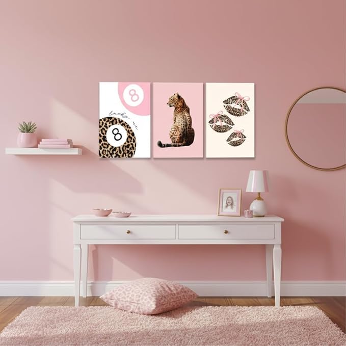 3Pcs Pink Trendy Leopard Print Canvas Wall Art,Fashion Cheetah Poster,Lucky 8-Ball Lip Bow Picture,Preppy Y2K Artwork Wall Decor for Bedroom Dorm Apartment.12x16in Framed