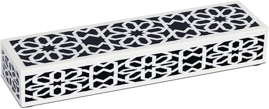 Handicrafts Home Decorative Storage Box with Lid, Black White Shiraz Geometric Pattern Remote Holder, Slim Coffee Table Box, Persian Rosette Lattice Organizer for Shelf & Desk, Shiraz 10x2.5x1.5