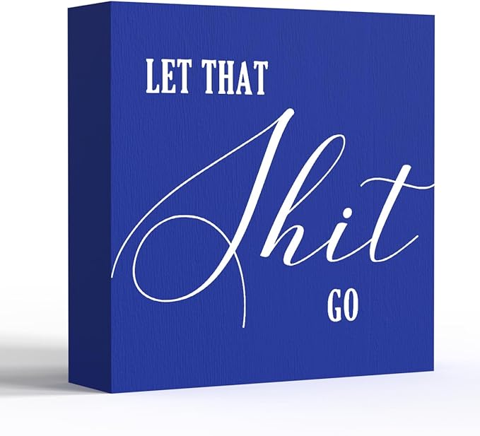 Funny Bathroom Decor Blue Wood Box Sign, Humorous Farmhouse Toilet Sign with Quote, Restroom Shelf Decor for Guest Bath, Tabletop Countertop