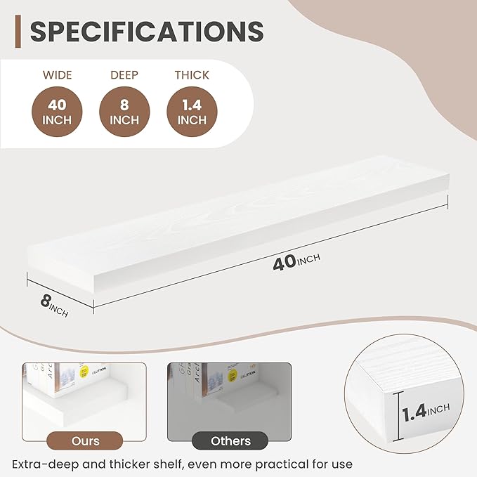 Acovy 40 Inch Floating Shelves, 8 Inch Deep Floating Shelves for Wall, Hanging Shelf with Invisible Brackets, Deep Shelves for Bathroom, Bedroom, Living Room, White, Set of 2
