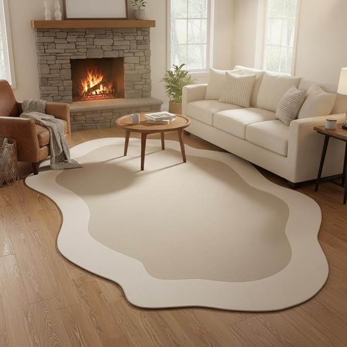 Minimalist Cream Beige Irregular Area Rug 10x16 Modern Abstract Shaped Rugs for Living Room Guestroom Meetingroom Unique Designer Low Pile Washable Carpet Funky Boho Bedroom Home Office Anti Slip Mats