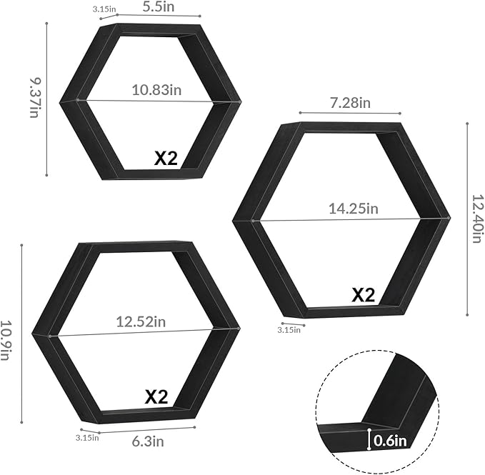 YBING Hexagon Floating Shelves Black Hexagon Shelves for Wall Wood Farmhouse Storage Honeycomb Shelves Set of 6 Hexagon Wall Mounted Home Decor Storage Shelves for Living Room Bedroom Office
