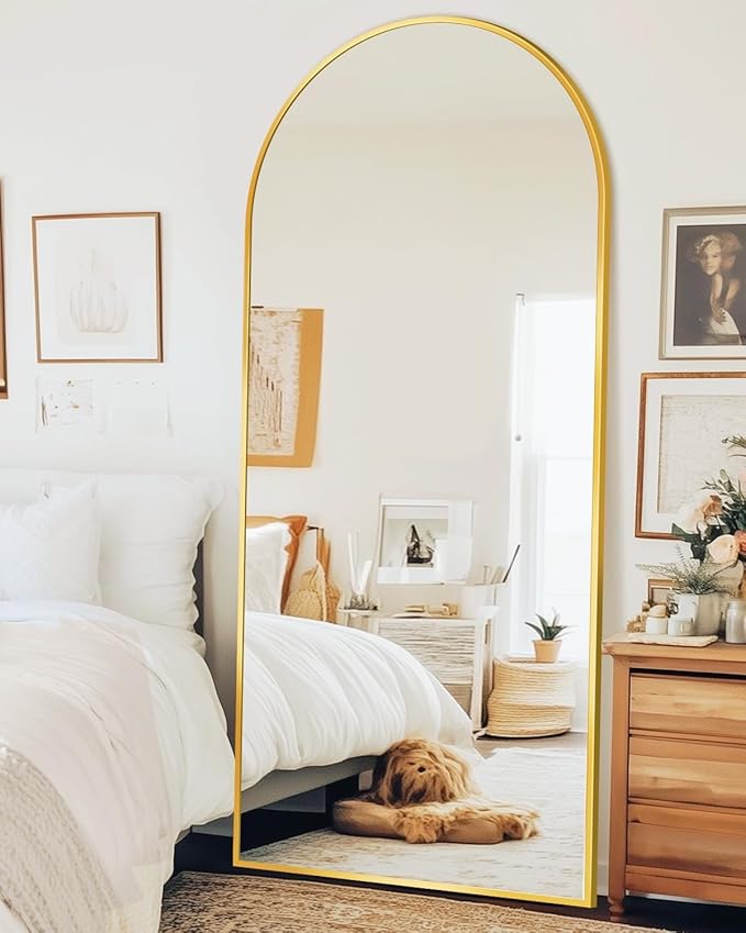 Antok Arched Full Length Mirror, 68"x28" Gold Metal Frame Floor Mirror for Bedroom Living Room, Freestanding/Wall Mount/Leaning