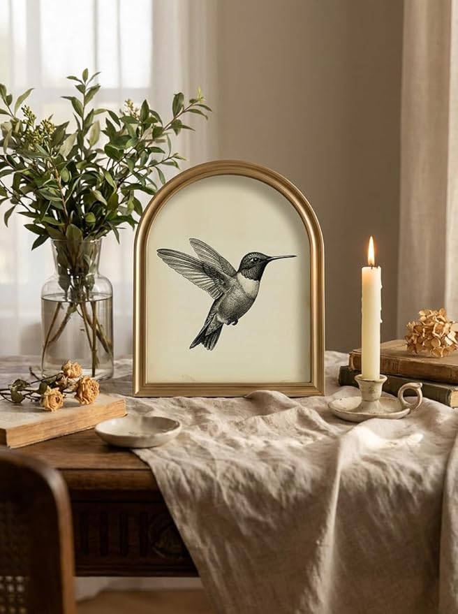 TwoDays Gold Vintage Hummingbird Arched Wood Framed Wall Art – Nature Bird Canvas Picture for Home Aesthetic Wall Decor, Cottagecore Farmhouse Artwork Prints for Living Room, Bedroom (11" x 13.8")