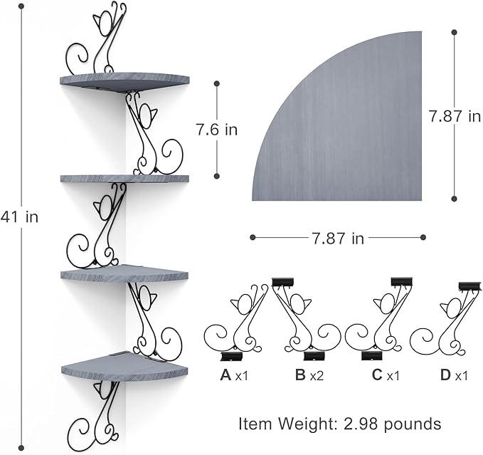 Alsonerbay Wall Mount Corner Shelves 4 Tier Floating Corner Storage Wood Shelves Decorative Rustic Radial Shelf in Cat Shape Weathered Grey