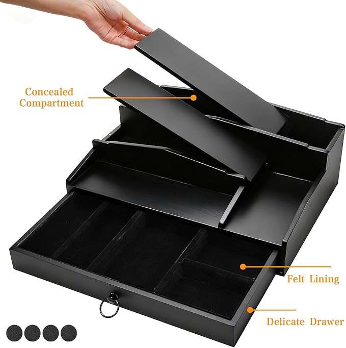Foraineam Perfume Organizer, 3 Tier Wood Perfume Display Stand for Dresser, Black Wooden Fragrance Holder Shelf Display Risers with Felt Lining Drawer and Hidden Compartment