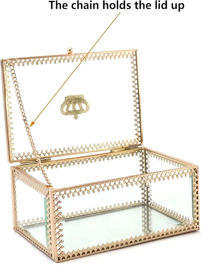NAJMECHOY Glass Jewelry Box, Mirror Bottom with Crown Lid, Box for Makeup, Lipstick Ring Earrings, Storage Box, Gold Glass Box Ring, Bracelet Display Transparent Box (Rectangle)