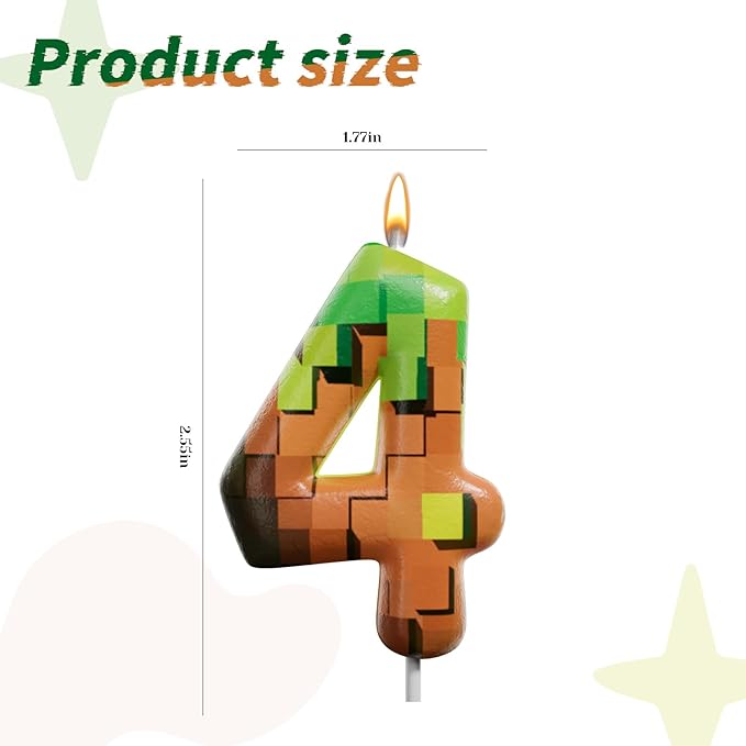 Pixel Miner Number Candle for Birthday Cake - 2.7 Inch Video Game Themed Party Decoration, Dynamite Style Cake Topper for Boys Girls Kids Anniversary Supplies(Retro Art, 4)