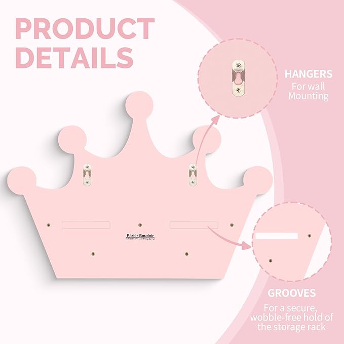 Pink Crown Floating Wall Shelf with Hooks, Princess Room Decor for Girls Bedroom, Nursery Organizer for Girls Room Storage