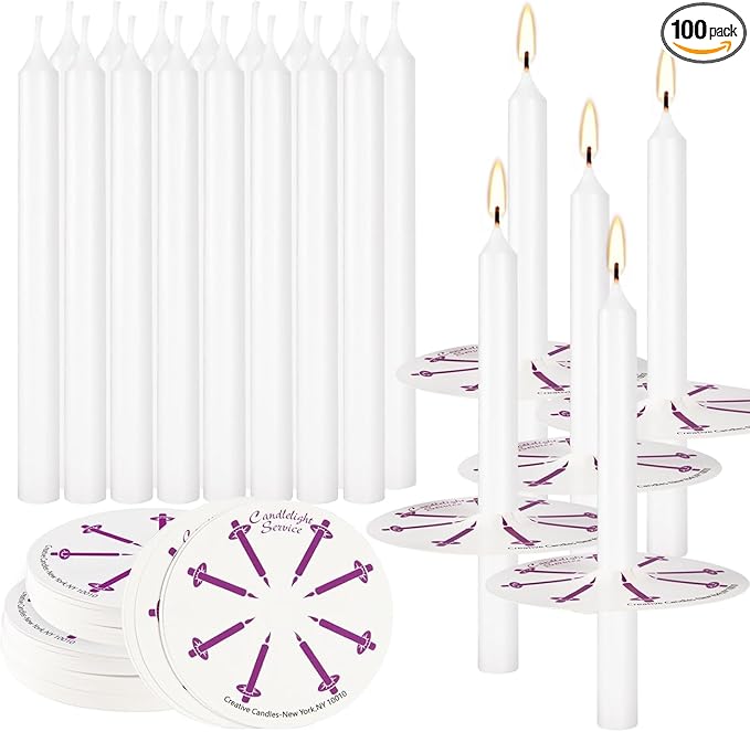 YOROXRG 100 pcs Church Candles with Drip Protectors for Devotional Candlelight Vigil Service, Unscented White 5" H X 1/2" D, No Smoke, Shabbat, Praye