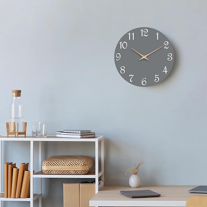 Mosewa Wall Clock Gray Battery Operated Silent Non Ticking Simple Modern Wood Clock Decorative for Bedroom Living Room Home (8.2 Inch)