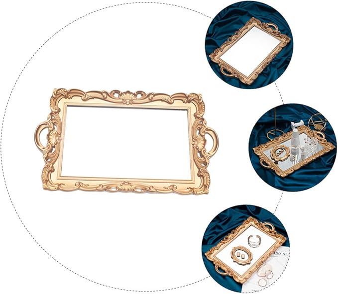 Vintage Golden Mirror Makeup Tray European Style Cosmetics Organizer for Perfume Storage Decorative Vanity Tray for Home Party and Dresser Display