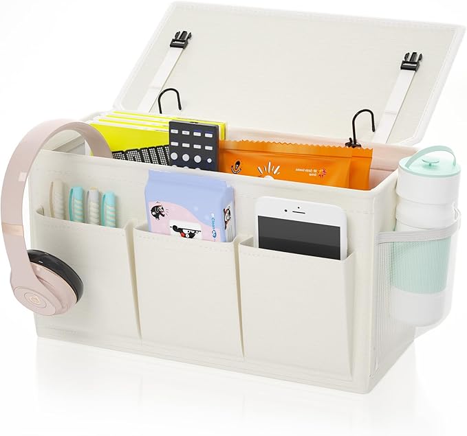 Edudif Dual-purpose Bedside Caddy Bedside Organizer, Bed Caddy with 6 Pockets, Versatile Bedside Storage Solution Magazine Remotes holder, ideal for Home, Dorm, Hospital, Crib Bed (White)