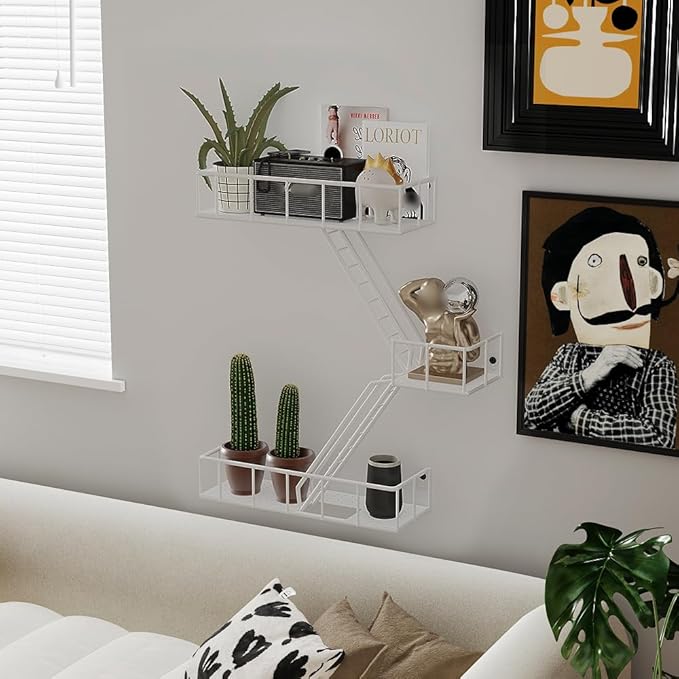 Fire Escape Shelf - 3 Tier Metal White Fire Escape Wall Shelves with Baskets, New York Action Figurine Display Shelf, Unique Rustic Floating Decorative Wall Shelves for Any Room