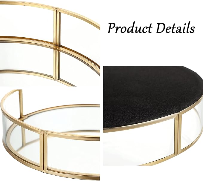 ELLDOO Gold Round Glass Decorative Tray, 9.9inch Metal Mirrored Jewelry Tray, Makeup Perfume Organizer for Bathroom Sink Vanity Dresser