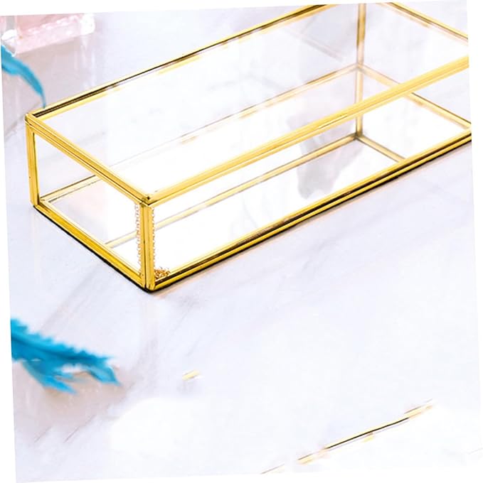 Ipetboom Golden Trim Geometric Glass Jewelry Box for Wedding Storage Desktop Display Case for Rings Earrings Necklaces Elegant Makeup Organizer Container