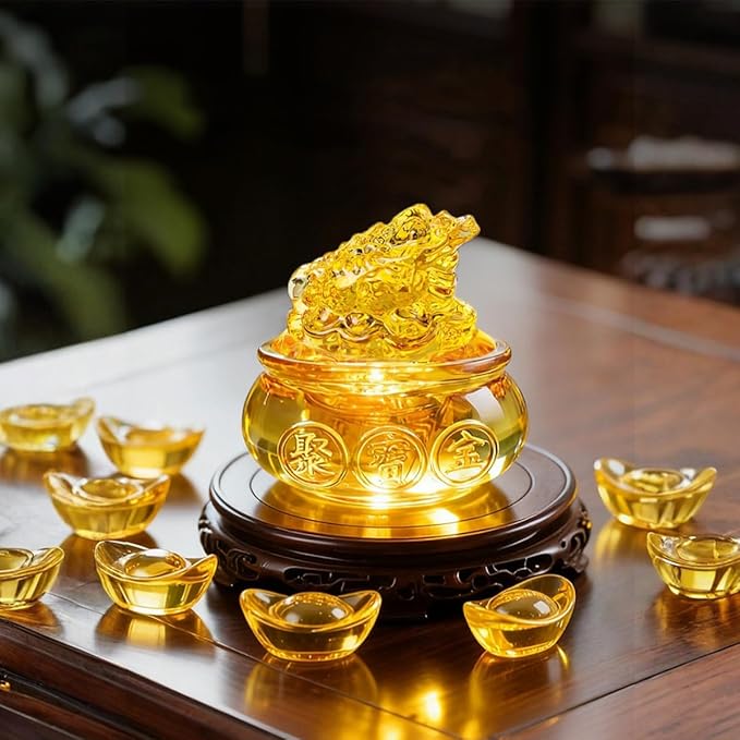 Golden Treasure Basin Feng Shui Money Toad and About 30 PCS Ingot Yuan Bao, 3in Crystal Glass Treasure Basin, 2in Lucky Golden Toad Ideal Adornment for Attracting Wealth, Office Home Decor (with Box)