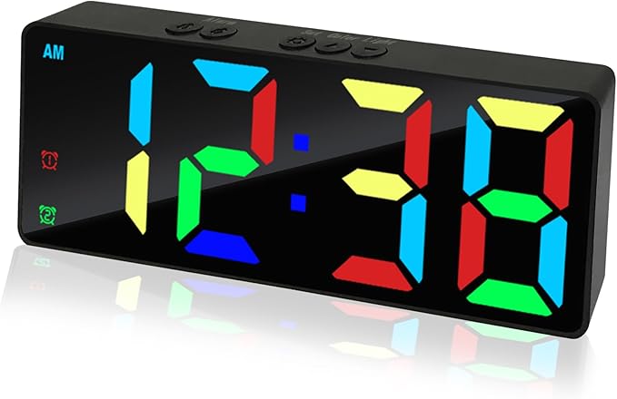 Digital Alarm Clock, Mirror Surface LED Electronic Clocks Large Display, Adjustable Brightness, Dual Power Supply, Snooze Model for Bedroom, Desk, Office (Black Case + Dynamic Digit)