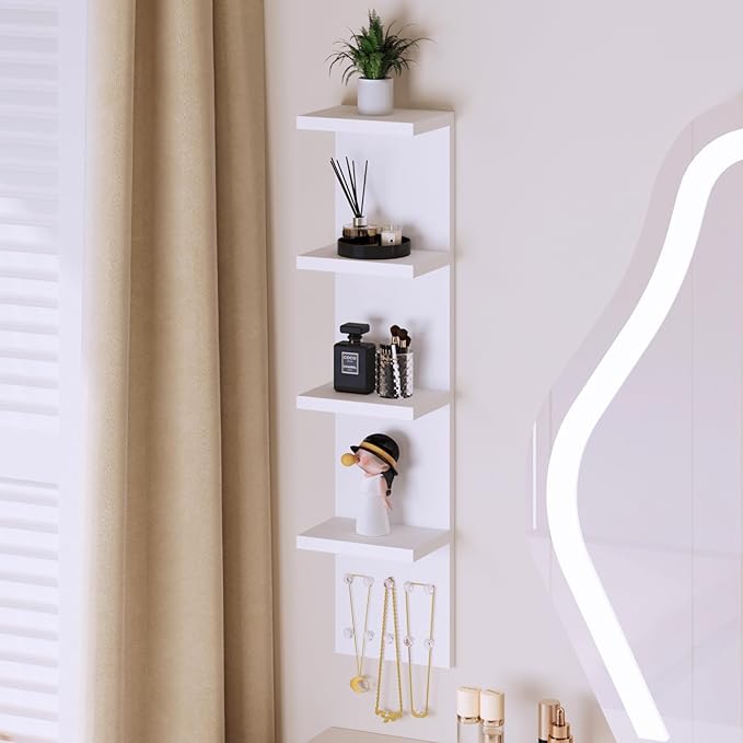 LitaEther 4 Tier White Lack Shelf Vanity Wall Shelf with 10 Crystal Hooks - Multi-Functional Storage for Makeup, Jewelry, Plants, Awards & Display (L7.1 x W5.5 x H30.7) (2)