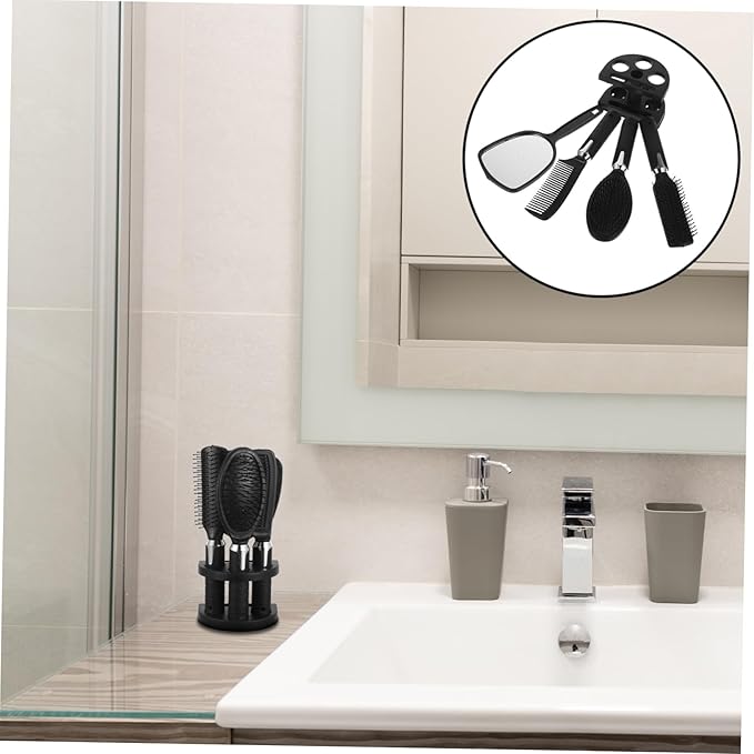 Beavorty Vintage Makeup Mirror Set Plastic Comb Organizer Rack 4-Piece Portable Vanity Mirror and Hair Tool Holder for Desktop Use for Stylists and Barbers