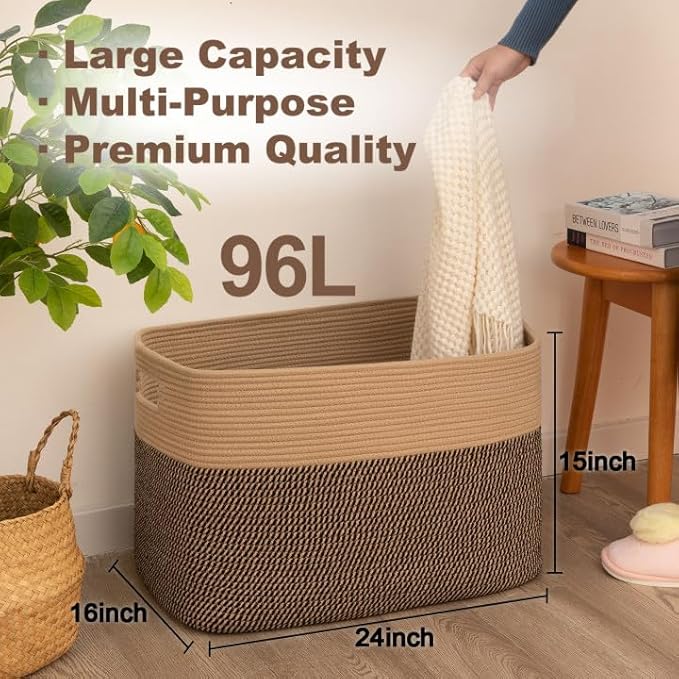 96L XL Large Cotton Rope Basket, Soft Toy Storage Bin for Nursery & Living Room, Decorative Blanket Basket for Bedroom, Baby-Safe Organizer for Pillows &Laundry, 24''×16''×15'', Brown & Black