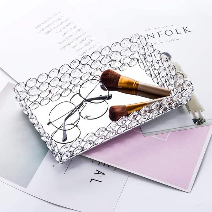 Feyarl Crystal Perfume Tray Cosmetic Makeup Vanity Tray Jewelry Trinket Rings Earrings Organizer Decorative Tray Storage for Home Deco Wedding Dresser Coffee Tabletop Girl Women Gift(10" x 6 "Silver)