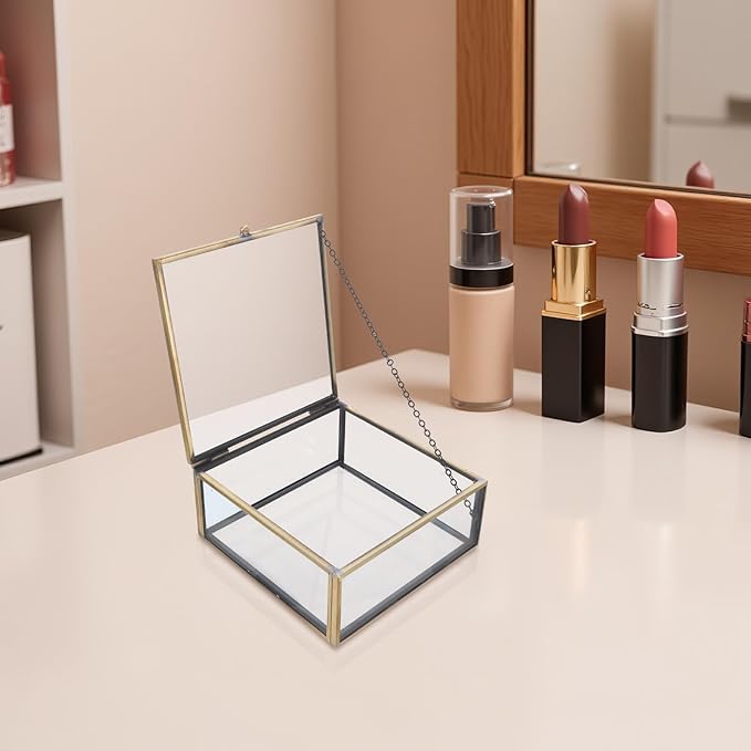 Totority Vintage Glass Jewelry Box with Alloy Frame, Retro Trinket Organizer for Perfume and Makeup Storage, Dustproof Display Case for Home Vanity and Desktop