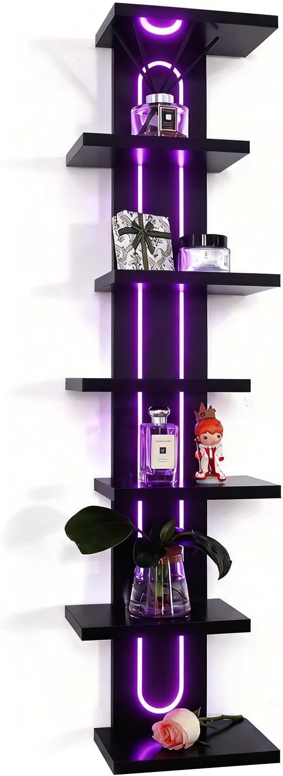 Homaterial 7 Tiers Floating Shelves Wall Mounted, Tall Lack Wall Shelf for Small Spaces， RGB Staggered Vertical Shelves for Storage & Decor for Bathroom, Kitchen, Bedroom,Dressing Room, Black