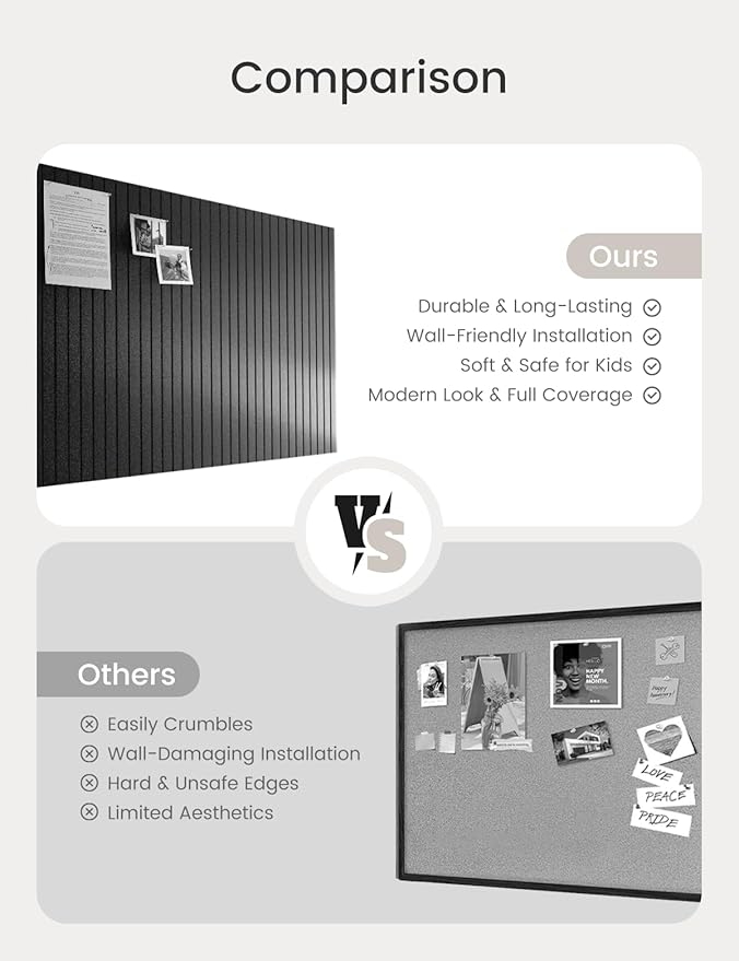 Bumusty Large Cork Board Alternative-48 x 36" Felt Bulletin Board Tiles, with 30 Pushpins, 70 Adhesive Tabs, Fine-Stripe 12-Pack, Cork Boards for Office Push Pin Board Felt Board-Black