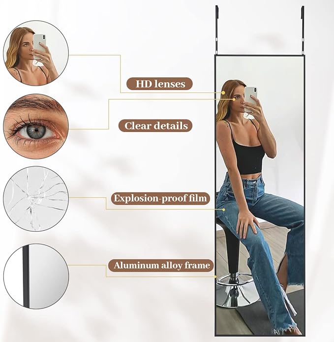 BEAUTYPEAK 14" x 48" Adjustable Height Over The Door Mirror, Rectangular Full Length Hanging Door Mirror with Shatterproof Tempered Glass Aluminum Alloy Frame for Dormitory, Black
