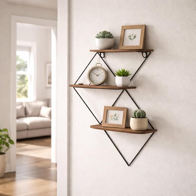 Diamond Wall Mounted Shelf with Wood and Metal Frame for Home Decor - 3 Tier Hanging Storage Organizer for Books - Wall Organizer for Living Room, Bedroom, Office or Entryway - 21", Brown & Black