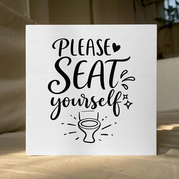 Funny Rustic Bathroom Decor Wooden Box Sign 5x5 Inch - "PLEASE SEAT yourself" Humorous Restroom Shelf Table Decor, Farmhouse Style Wall Countertop Ornament for Home Guest Bathroom Housewarming Gift