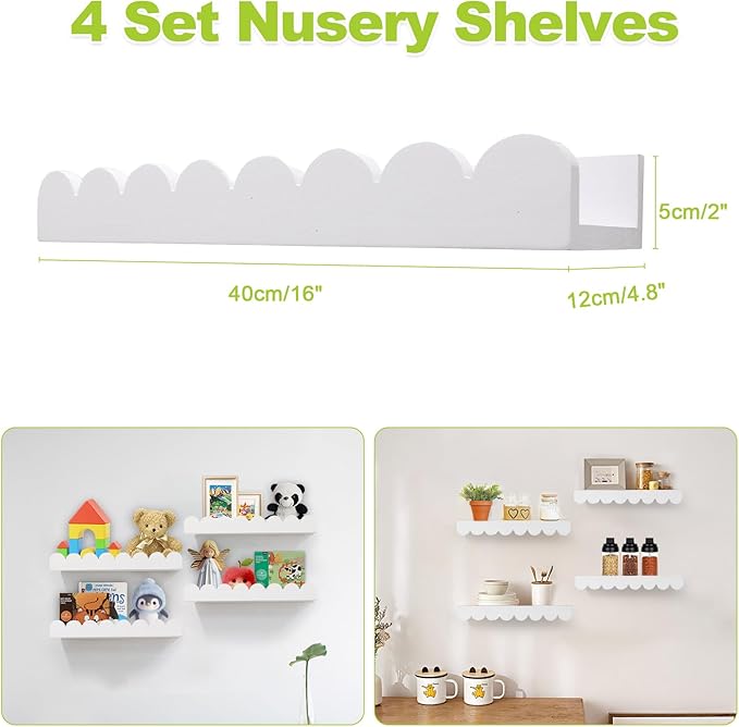 Floating Nursery Book Shelves for Wall Set of 4, 16'' Wood Book Shelf for Baby Boys Girls Bedroom Bathroom and Décor Storage, Wall Shelf for Books, Plants, Toys, Photo Frames, Picture Ledge-White