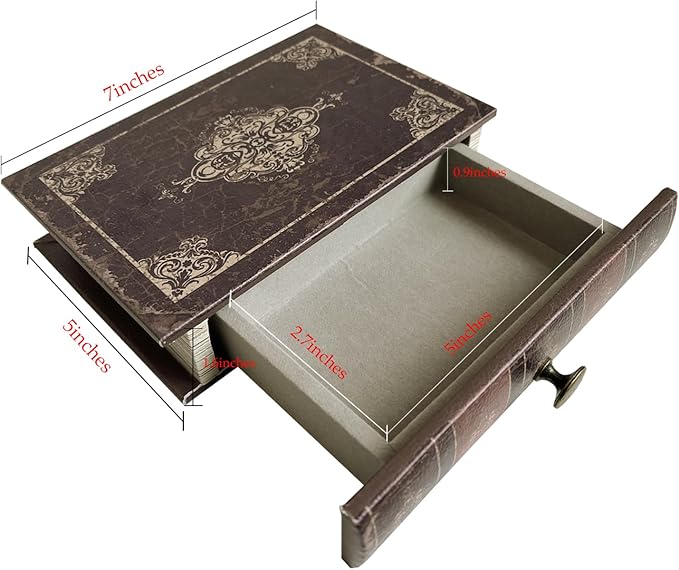 Vintage Decorative Book Storage Box with Drawer, Distressed Dark Brown Faux Leather Finish with Ornate Pattern, Hidden Keepsake Case for Desk or Bookshelf Display 7″ x 5″ x 1.6″